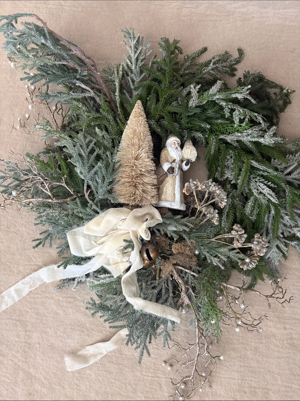Holiday Pine and Ivory Ribbon Wreath with Gold Santa